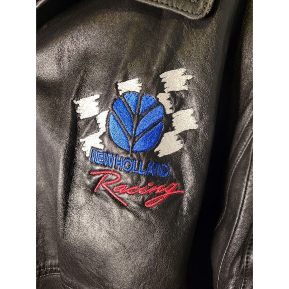Vintage Shelter Bay New Holland Racing Men's Large Black Leather Jacket zip-up - Picture 3 of 10